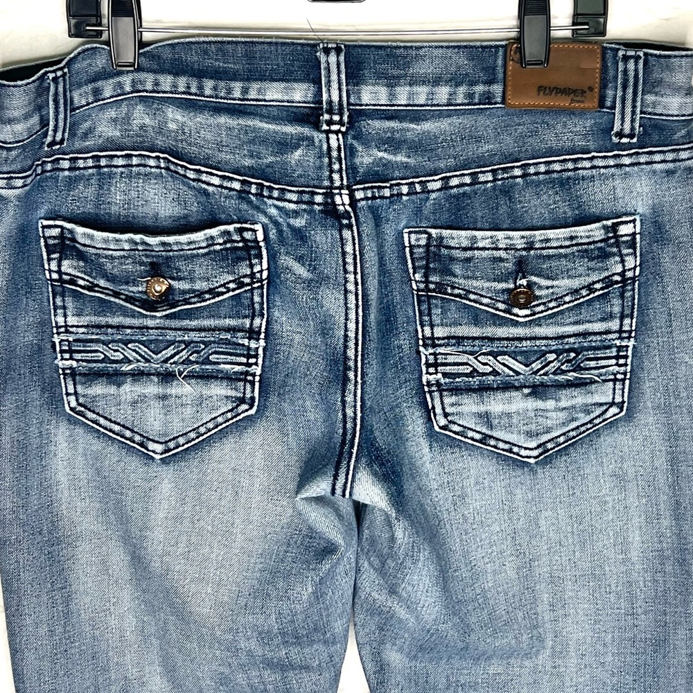FLYPAPER Men's Distressed Straight Jeans 34 Slub Whisker Stitch Med Wash Denim